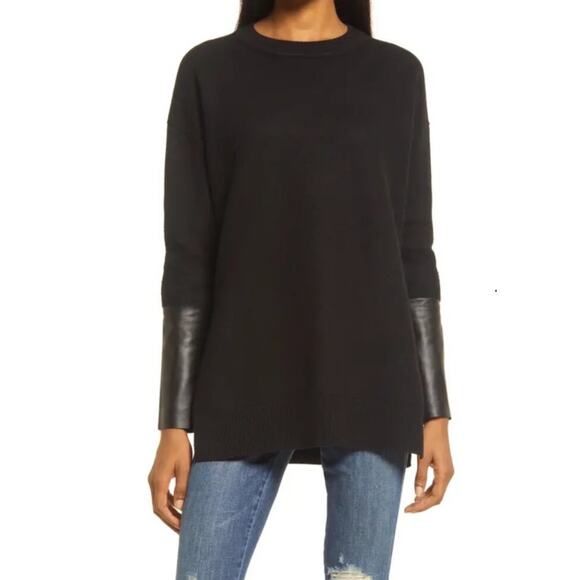 All Saints Sweaters - All Saints Women's Black Essy Wool Sweater Lamb Leather Cuffs M NWOT